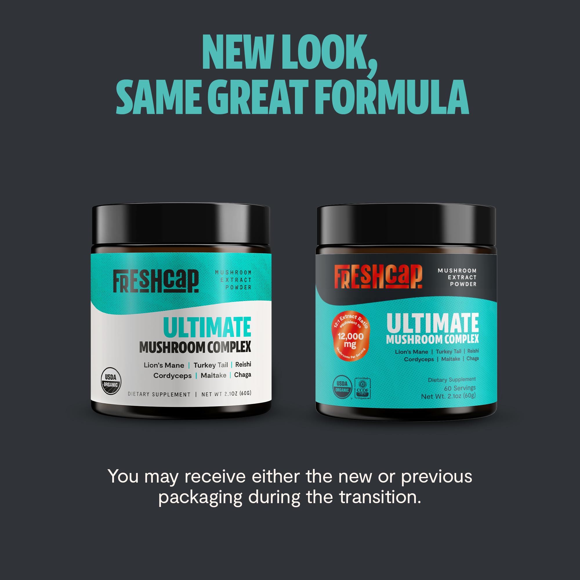 FreshCap Organic six-mushroom complex powder container highlights brain support potential.