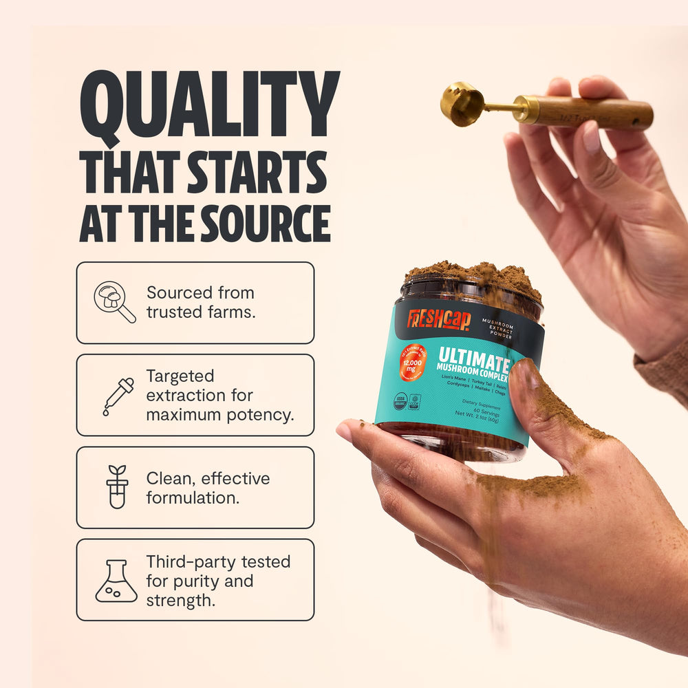 FreshCap serving scoop beside jar for a two-month daily supply.
