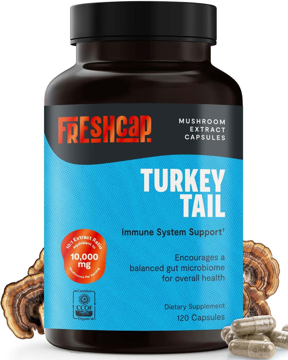 FreshCap Mushrooms Turkey Tail bottle pour for easy daily immunity support