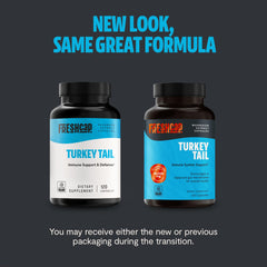 FreshCap Mushrooms Turkey Tail capsules close-up showing high potency per serving
