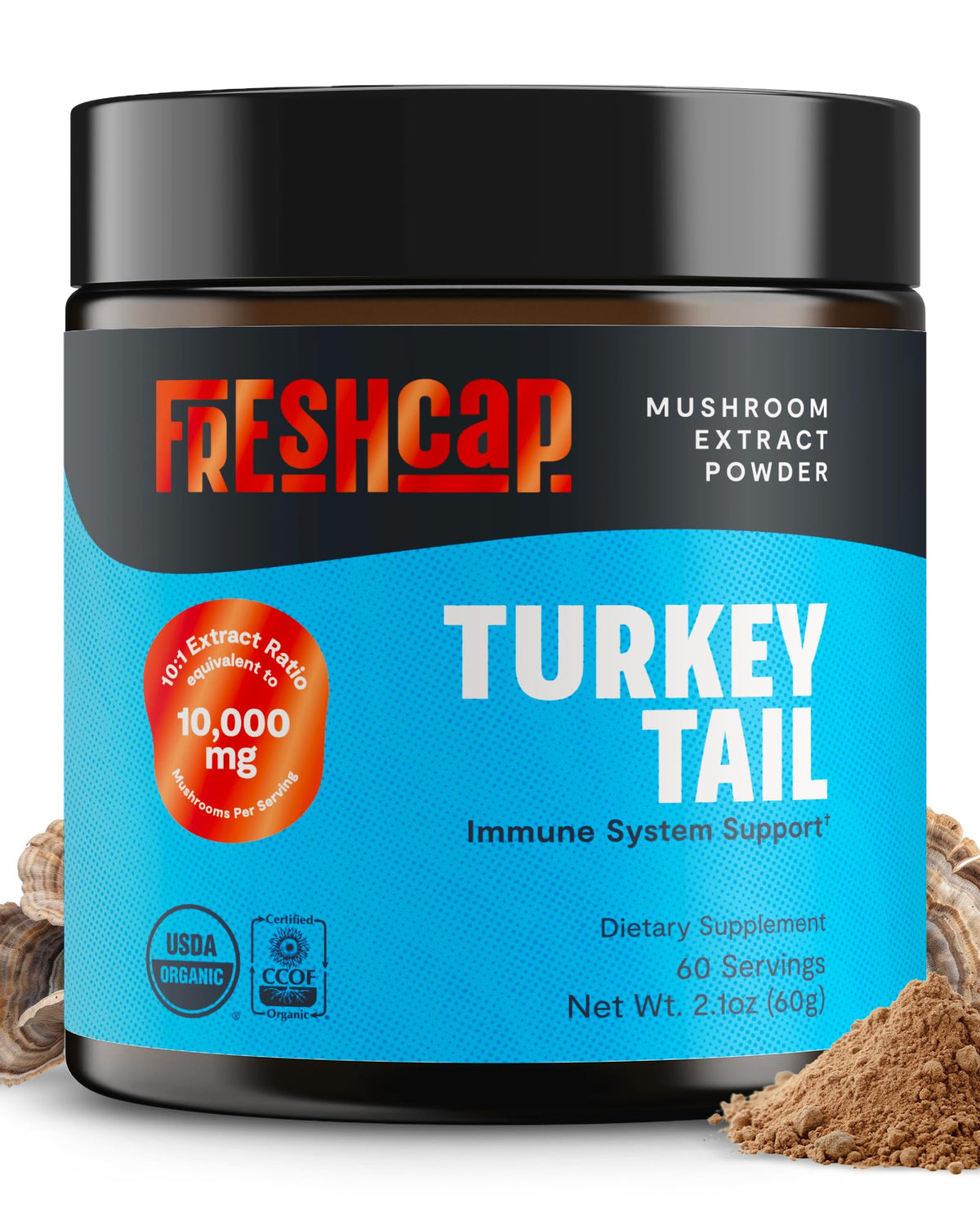 FreshCap Mushrooms Turkey Tail powder bottle shown for daily immune support.