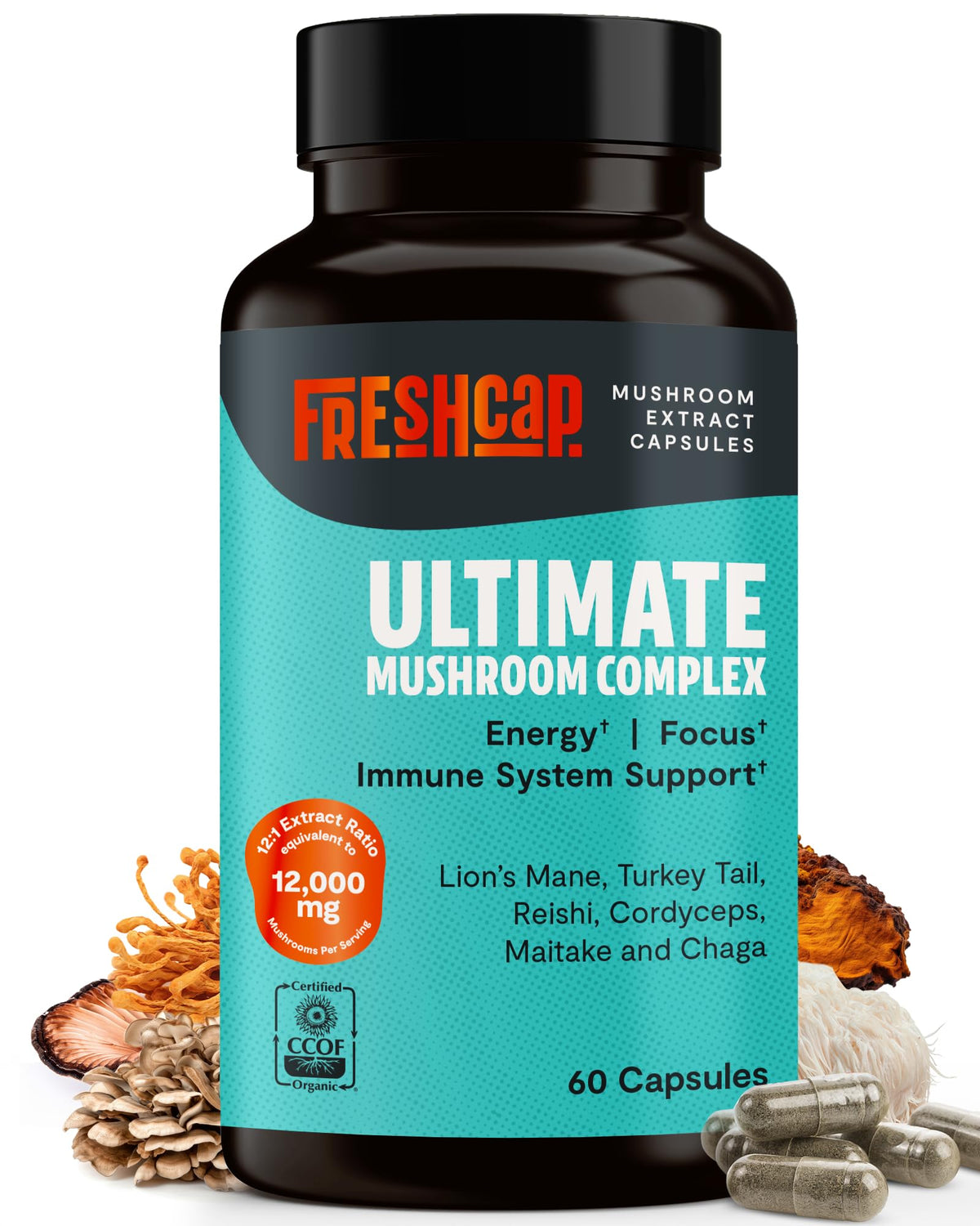 FreshCap Mushrooms Ultimate 12k bottle for focus support.