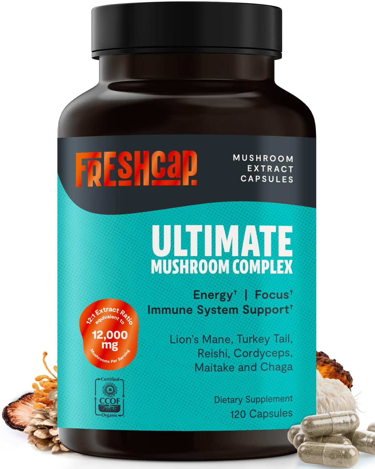 FreshCap Mushrooms Ultimate Mushroom Supplement bottle displaying a potent 12,000 mg blend for daily wellness.