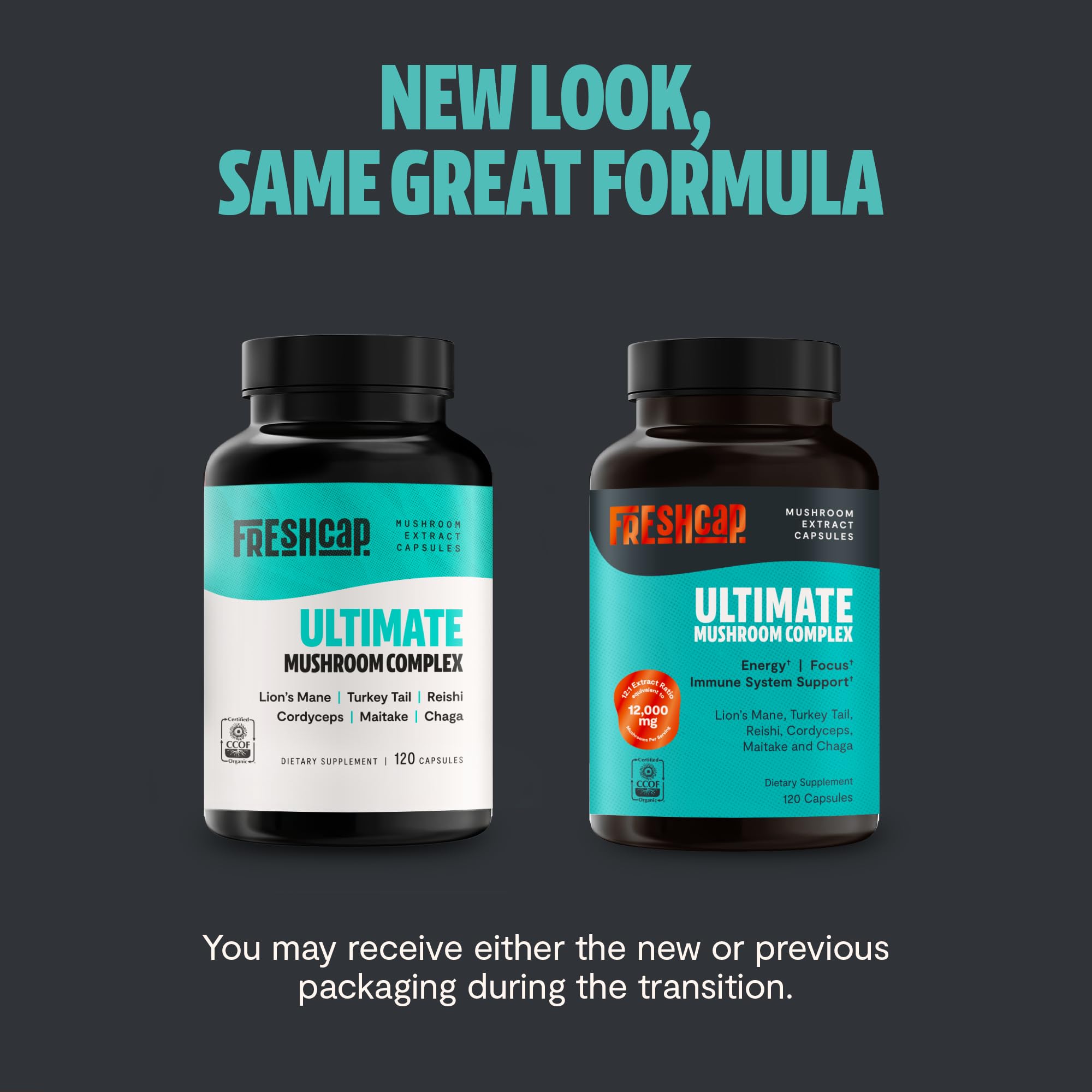 FreshCap Mushrooms capsule image highlights convenient capsules for easy daily immune support.