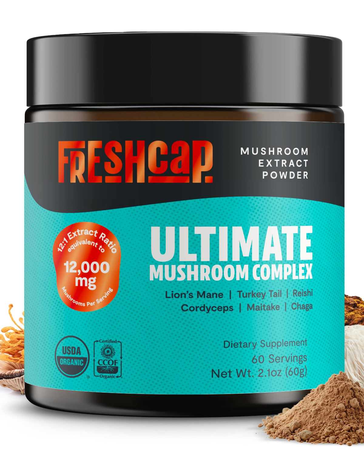 FreshCap Mushrooms Ultimate Powder bottle showing six-mushroom blend for daily focus.