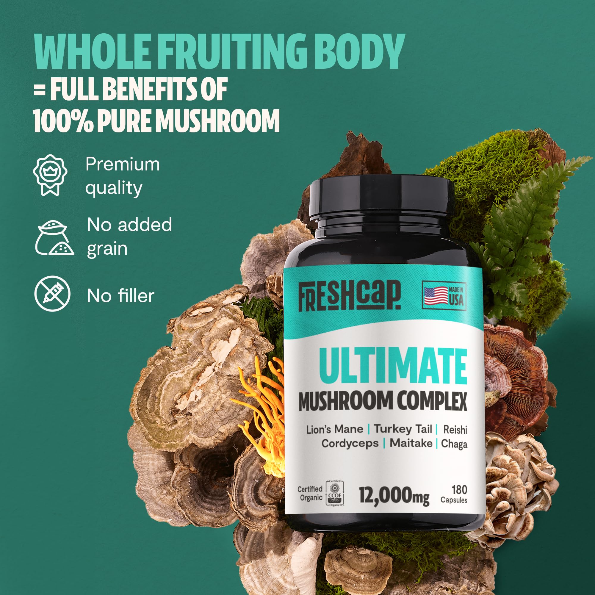 Organic certification badge on FreshCap packaging signaling quality and non-GMO.