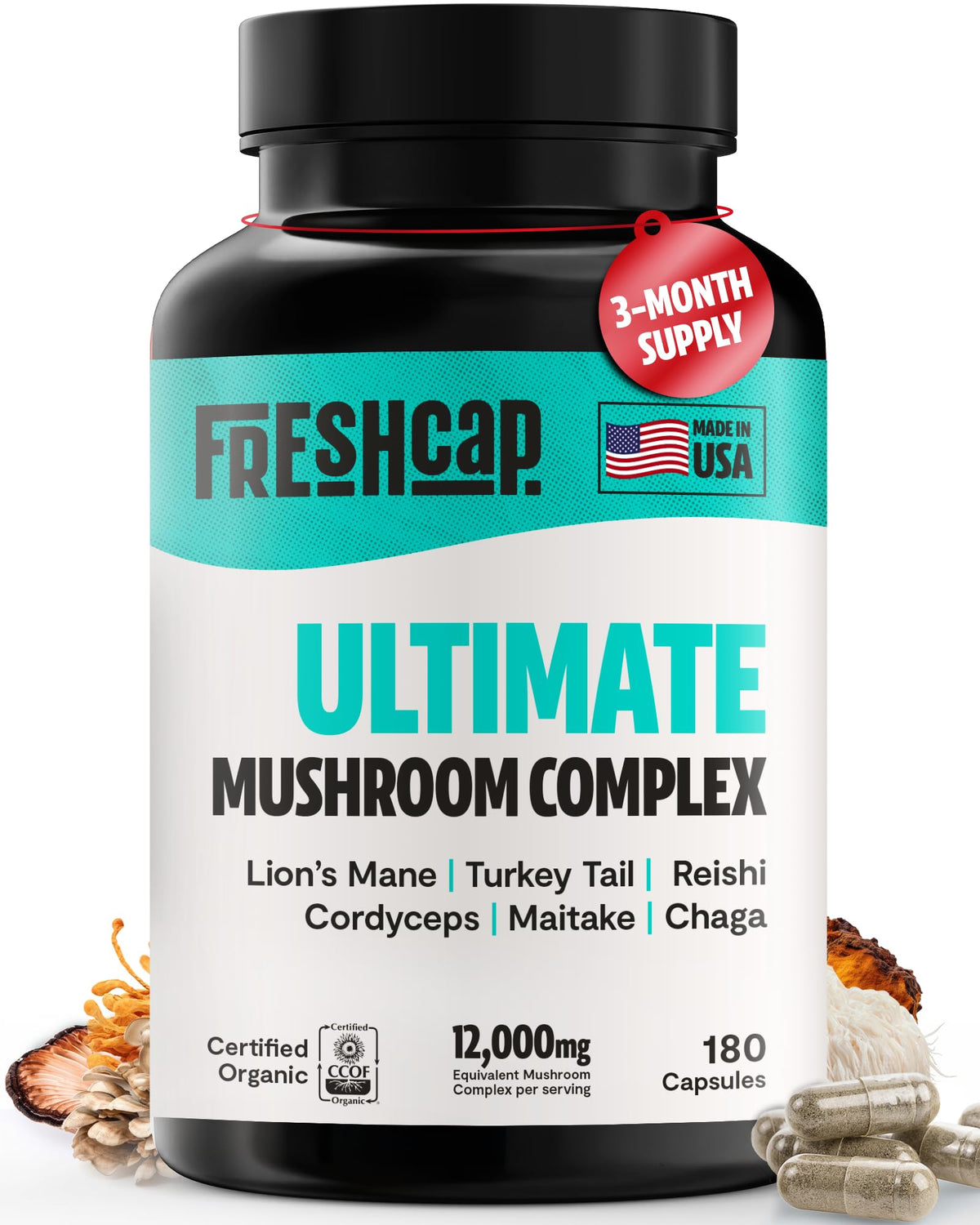 FreshCap Ultimate Mushroom Supplement bottle front with 180 capsules for daily wellness.