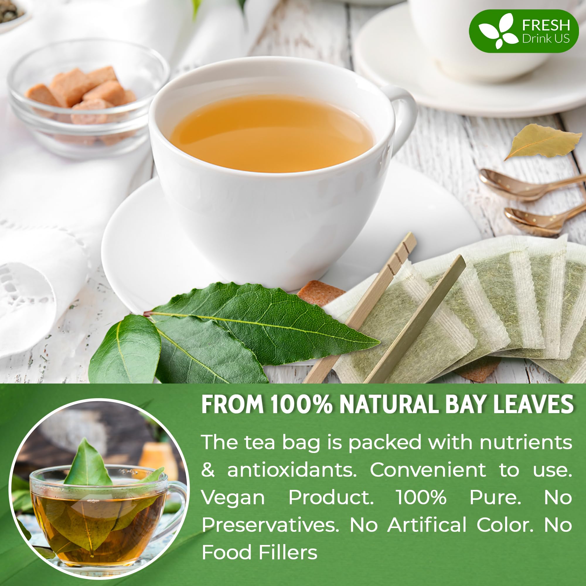 FRESHDRINKUS biodegradable tea bag shows eco-friendly corn fiber packaging.