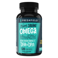 Freshfield Omega 3 DHA softgel bottle, high-DHA algae oil for plant-based wellness.