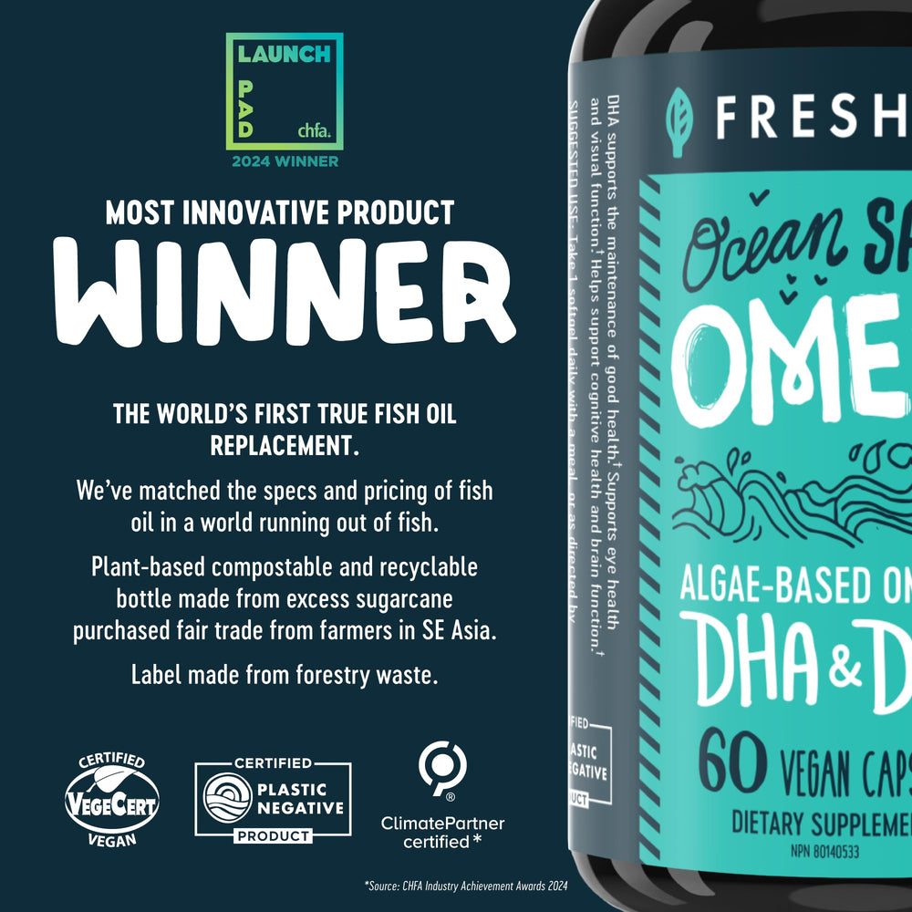 Freshfield Omega 3 capsule close-up reveals DHA and DPA content per serving