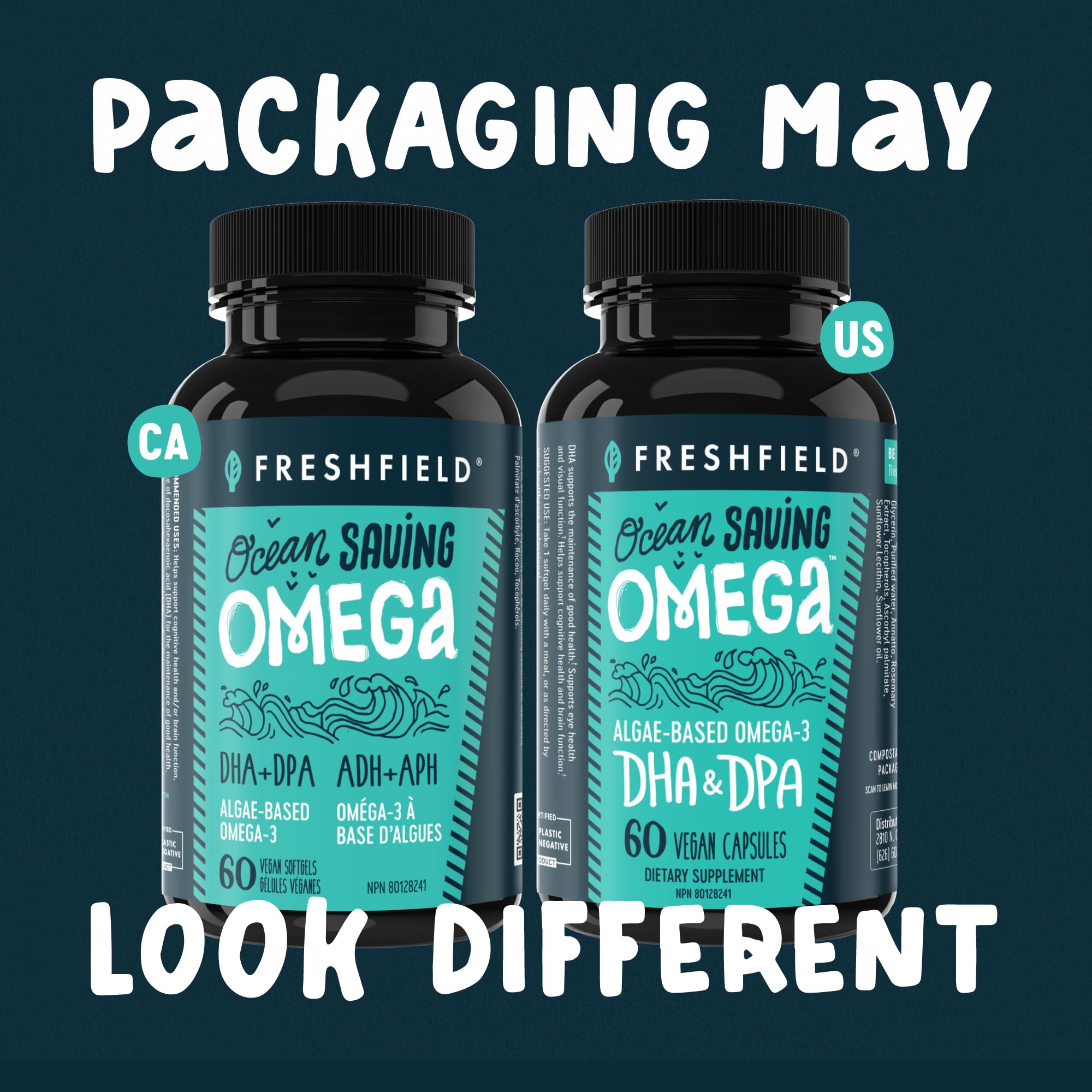 Freshfield Omega 3 bottle on shelf conveys ocean-saving algae oil alternative