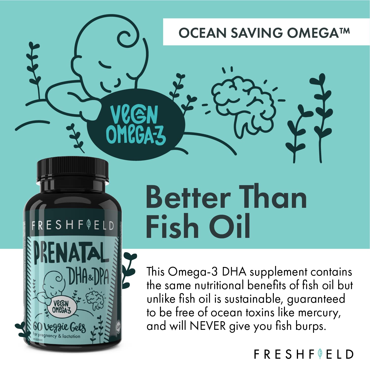 Freshfield Prenatal Omega-3 DHA capsules close-up showing vegan, mercury-free formula.