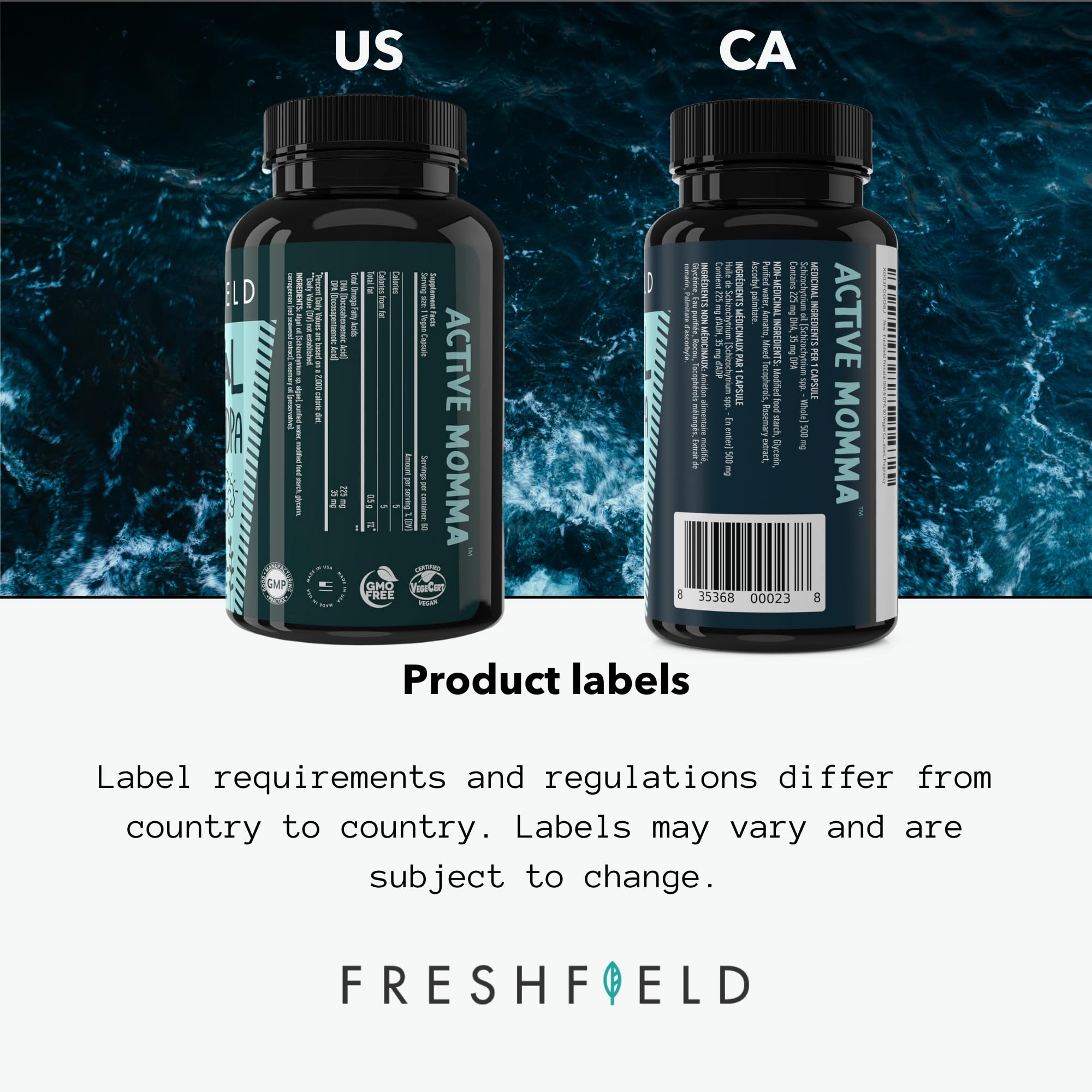 Freshfield Prenatal Omega-3 DHA box showcases DPA and daily DHA content.