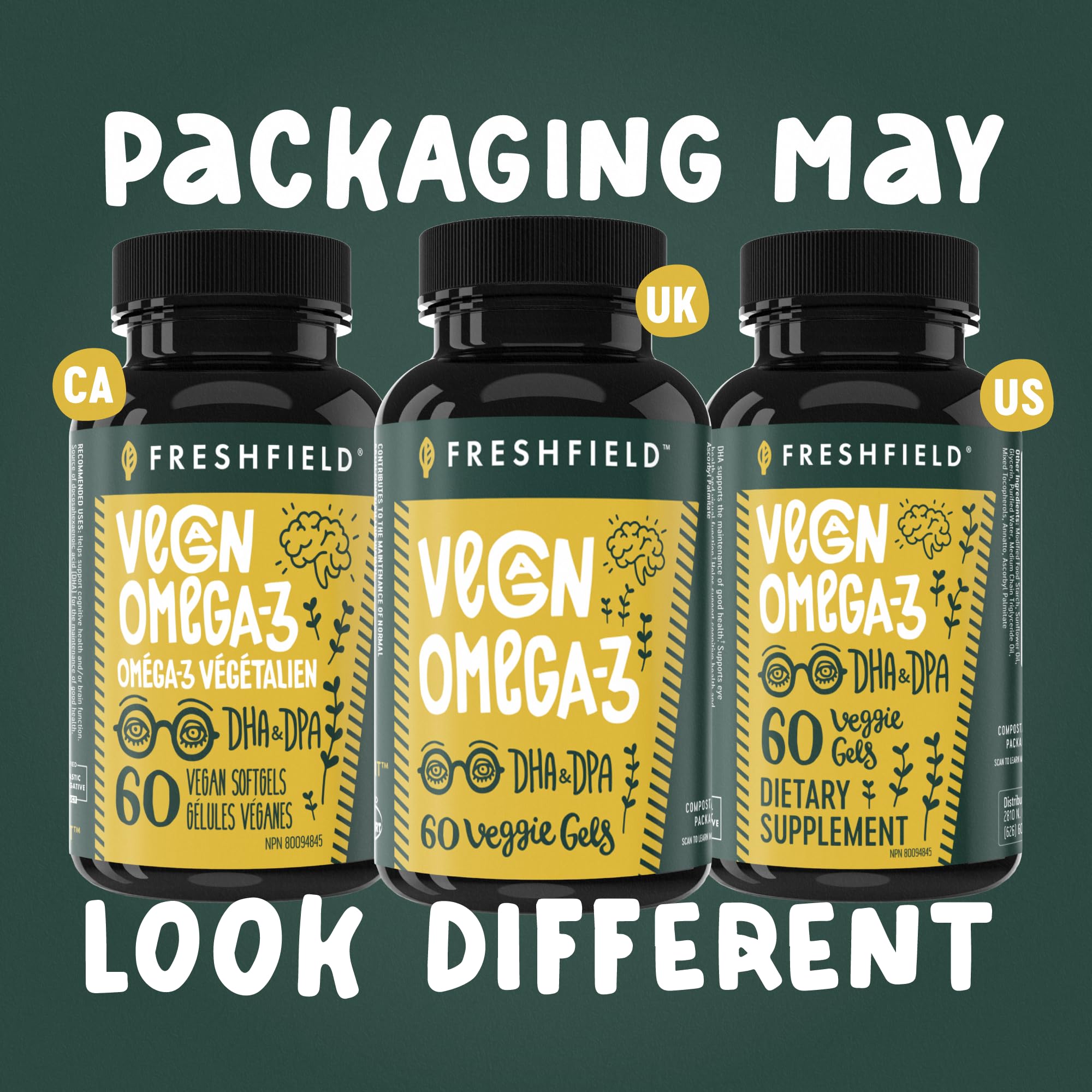 Freshfield Vegan Omega-3 carrageenan-free label appealing to sensitive tummies