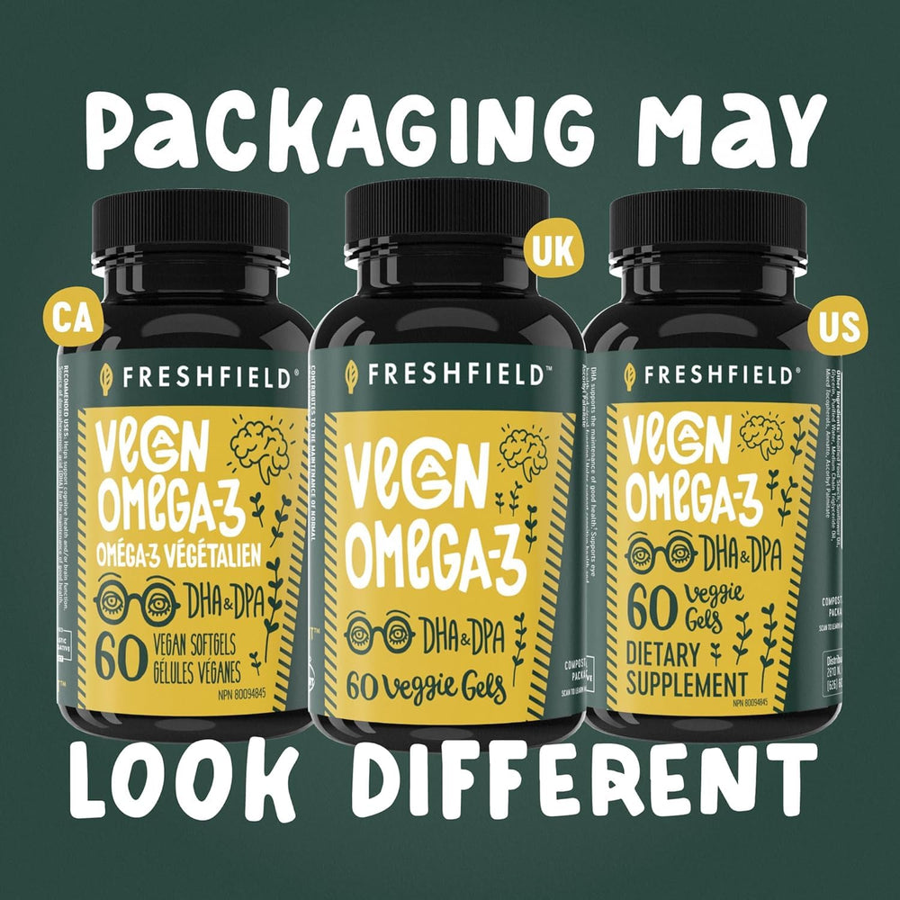 Freshfield Vegan Omega-3 carrageenan-free capsule closeup emphasizes clean ingredients.