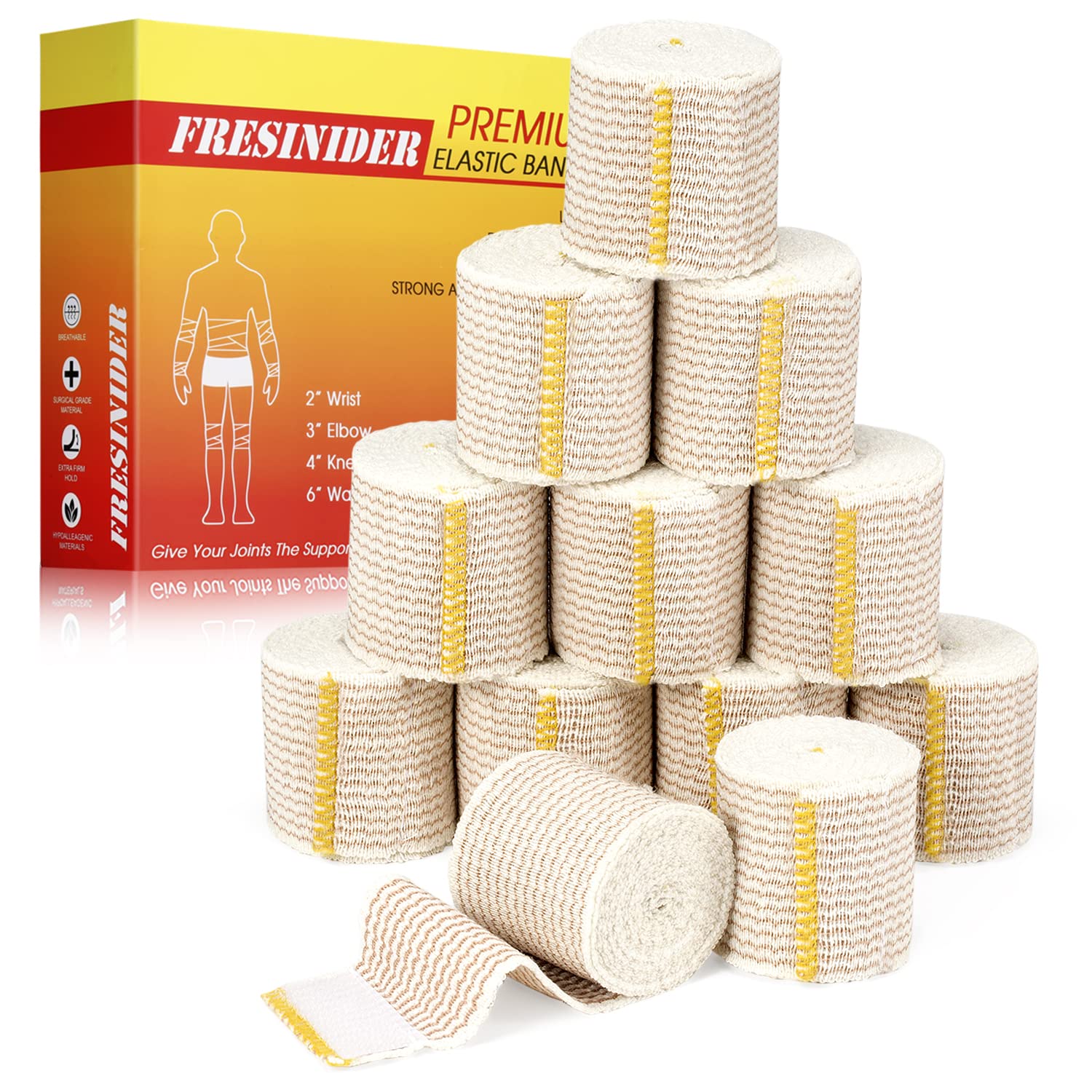 FRESINIDER elastic bandage wrap showing soft breathable cotton for comfortable wear.