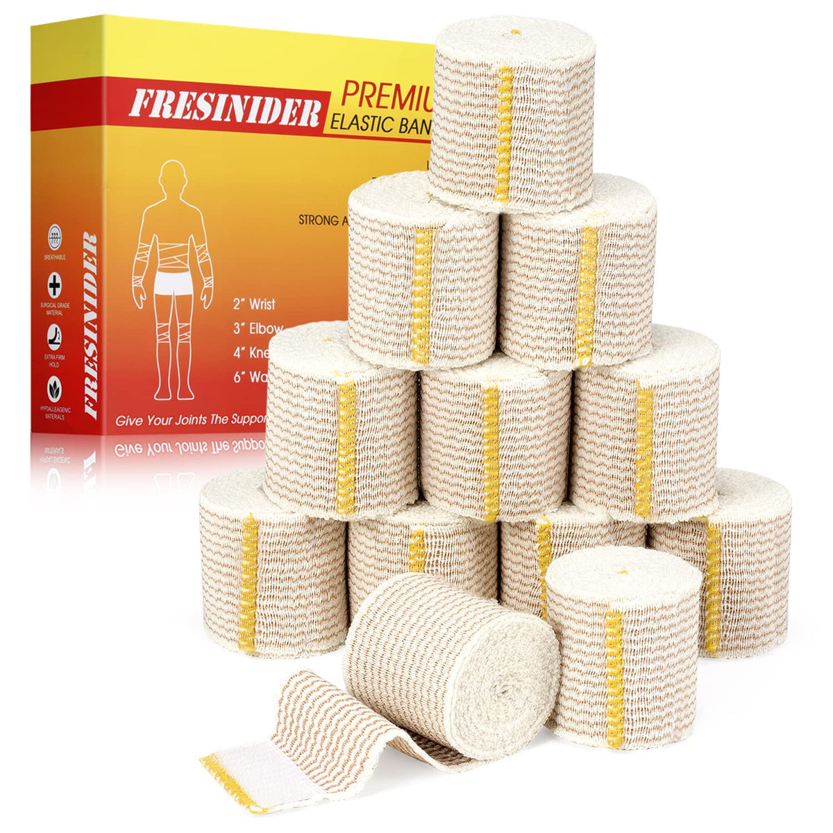 FRESINIDER elastic bandage wrap showing soft breathable cotton for comfortable wear.