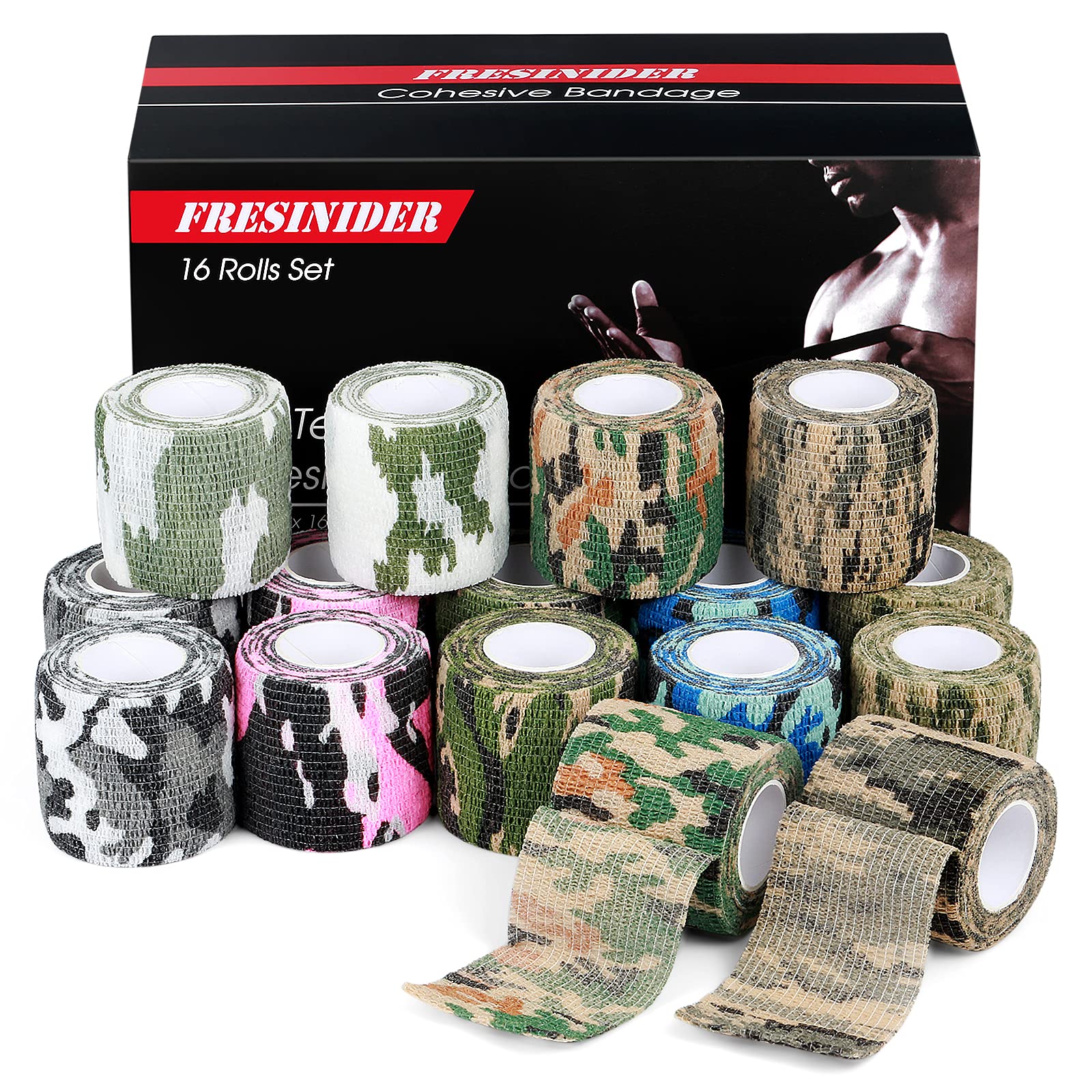 FRESINIDER camo self adhesive wrap for quick, secure support on joints.