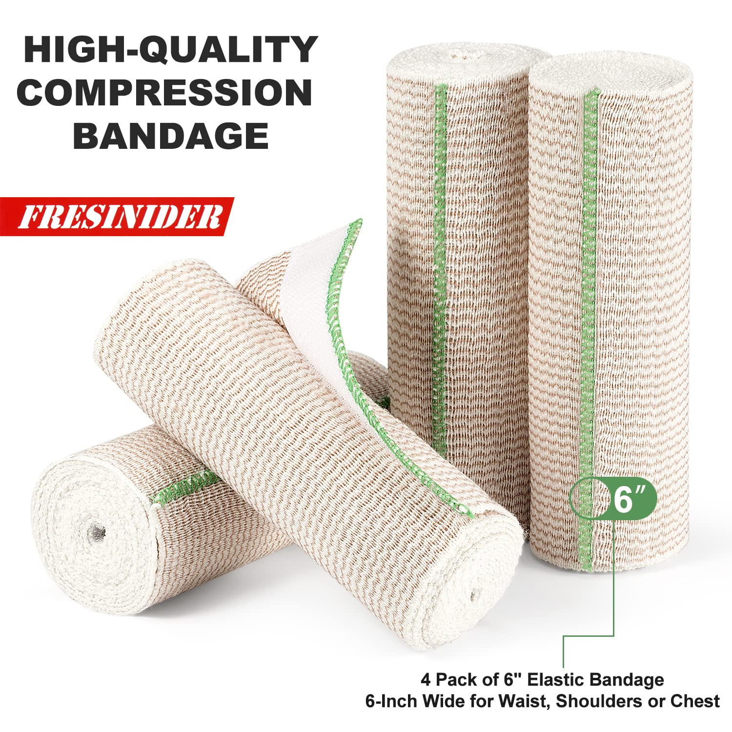 FRESINIDER elastic bandage laid flat to show 6-inch width and extended length for versatile wrap
