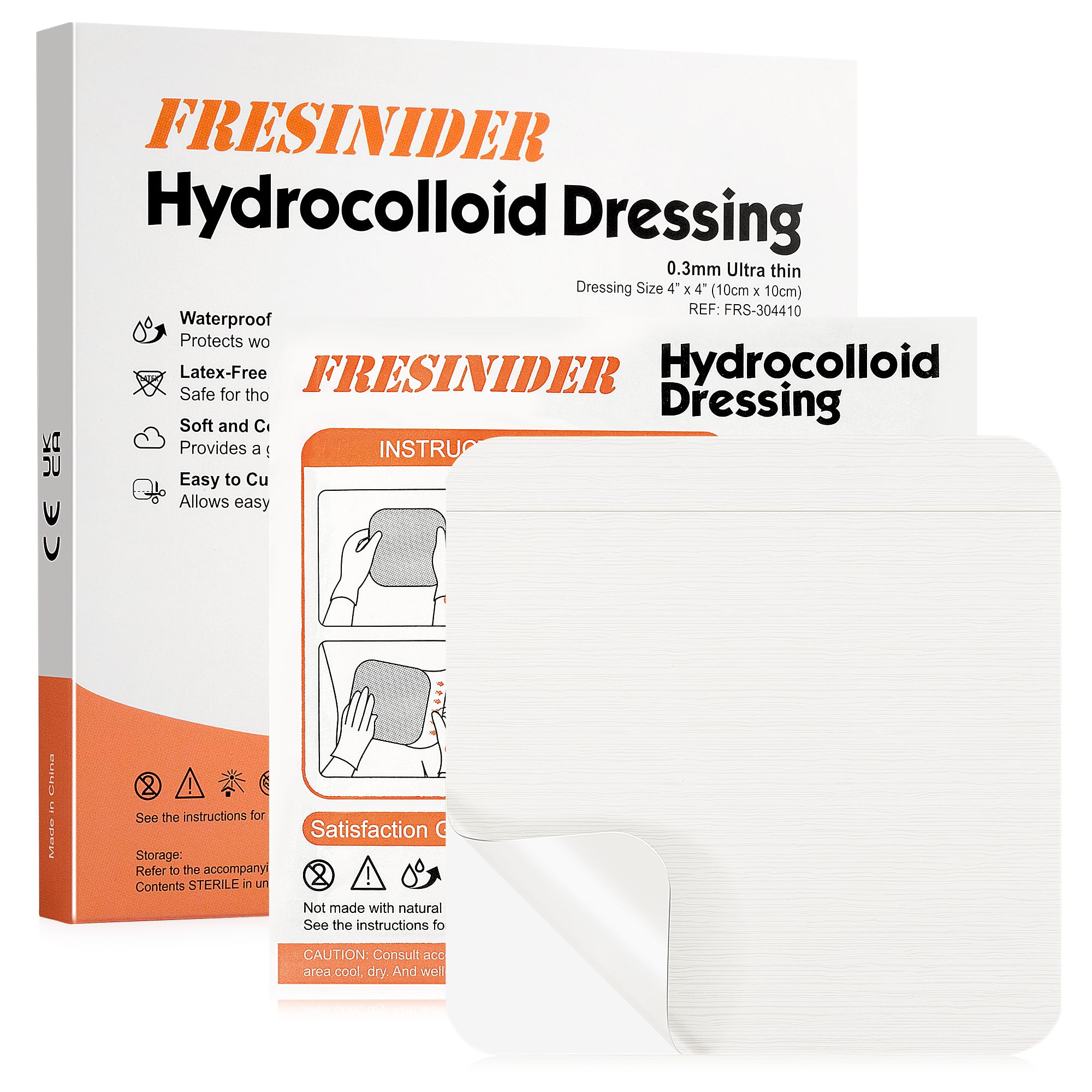 FRESINIDER hydrocolloid dressing 4x4 on skin, discreet protection and contour conformance.