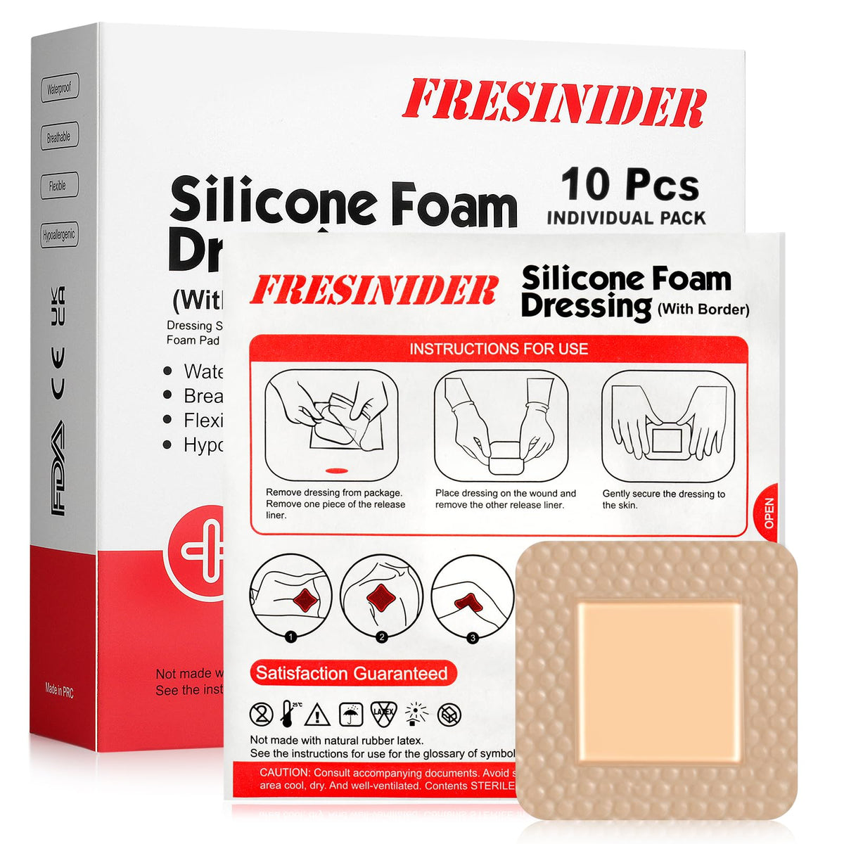 FRESINIDER silicone foam dressing with border, close-up, precise 2x2 inch coverage.