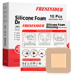 FRESINIDER silicone foam dressing with border, close-up, precise 2x2 inch coverage.