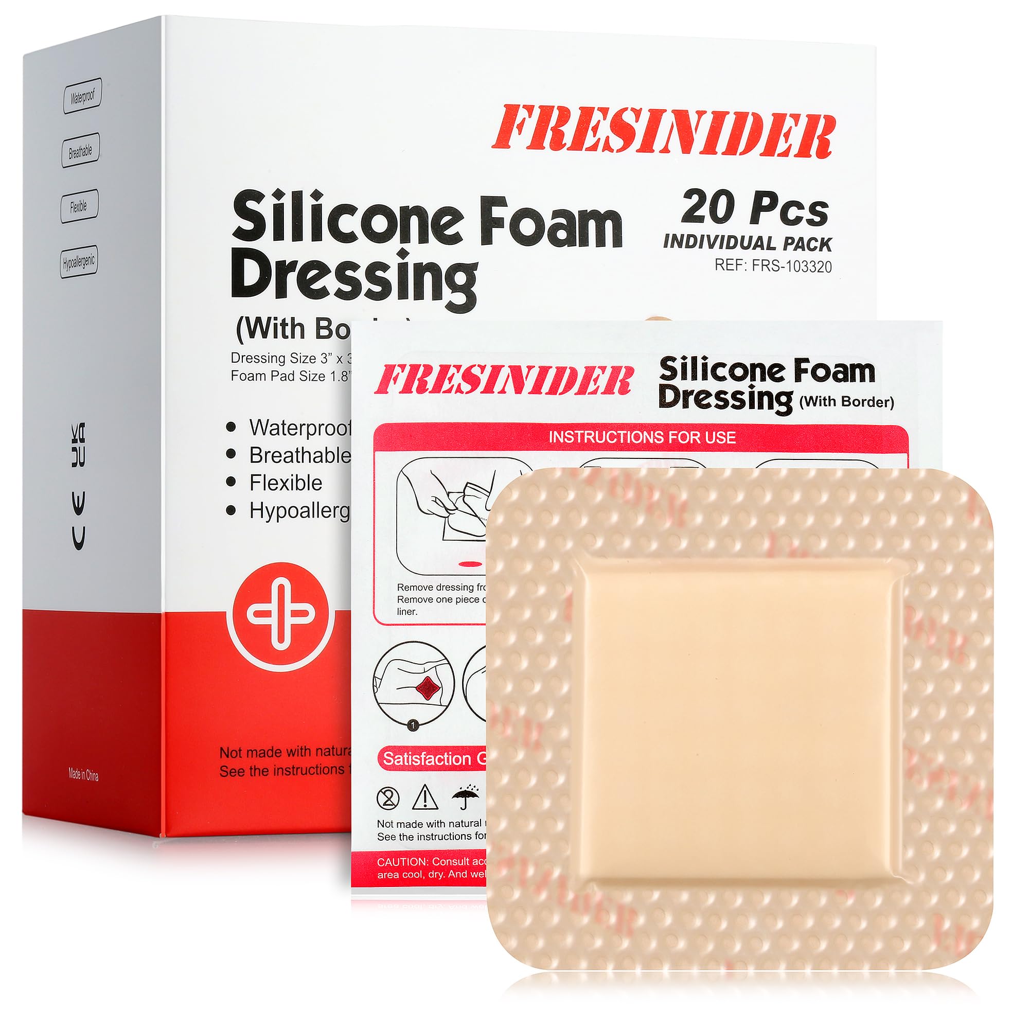 FRESINIDER silicone-foam dressing with border shows breathable outer layer for comfortable wound coverage.