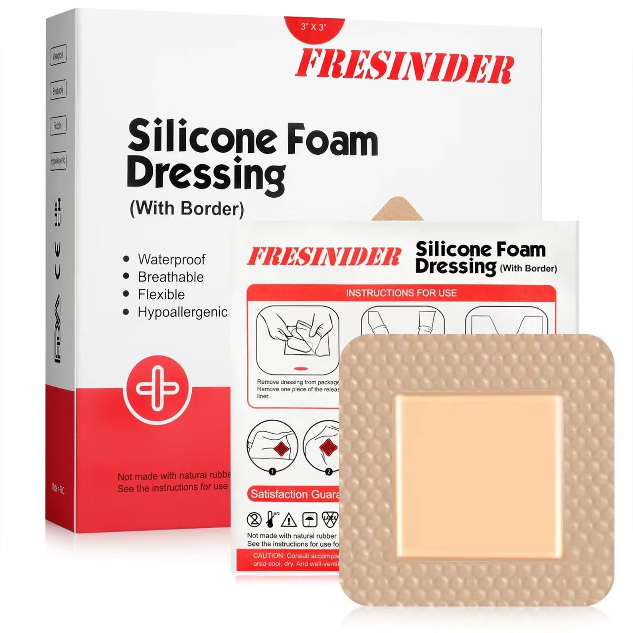 FRESINIDER silicone foam dressing with border, pack of five.