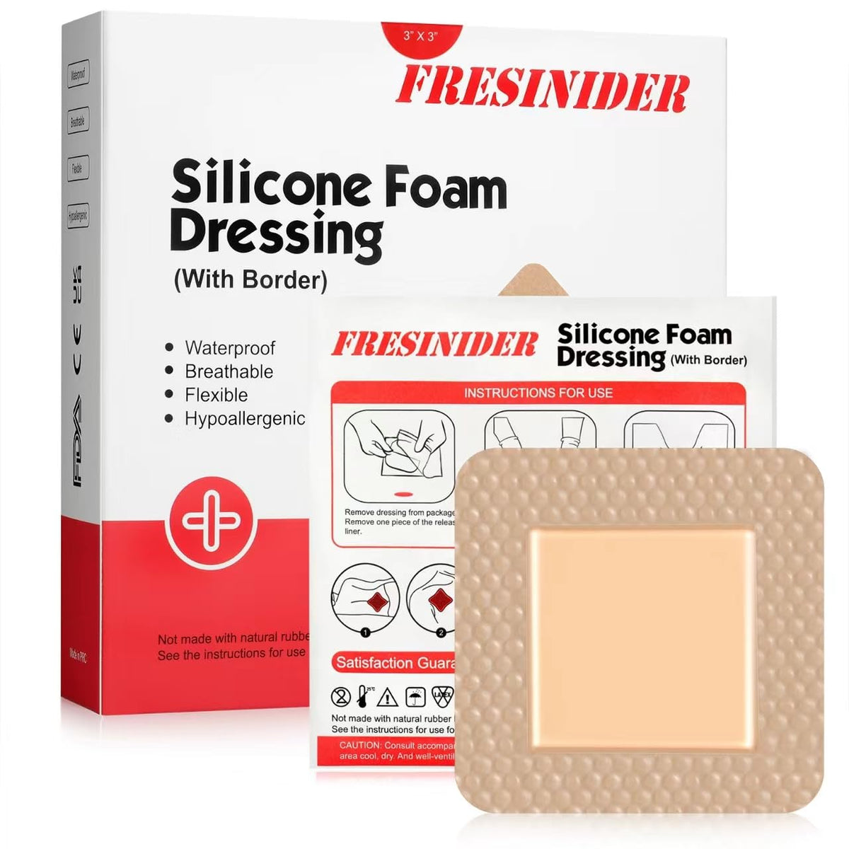 FRESINIDER silicone foam dressing with border, pack of five.