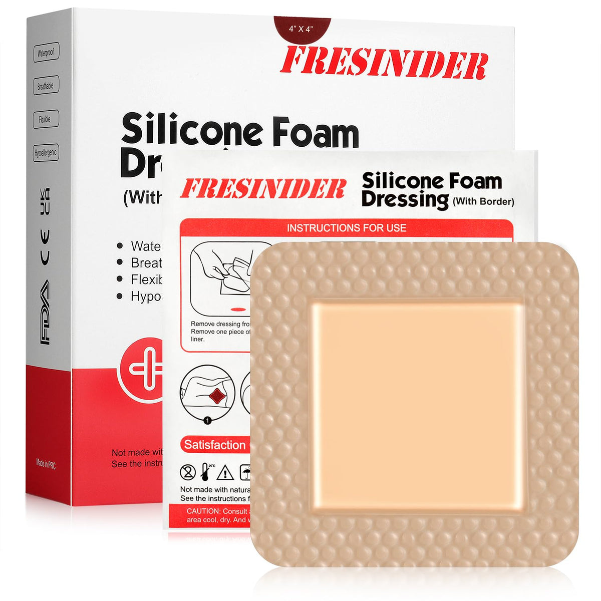 FRESINIDER silicone foam dressing pack close-up showing 4x4 in pad and 10-pack value