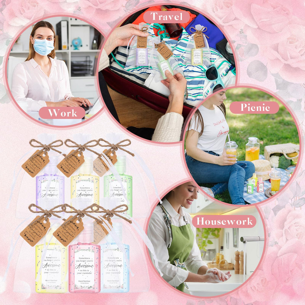 Frienda peach, cherry blossom, and coconut scented mini sanitizers assortment.