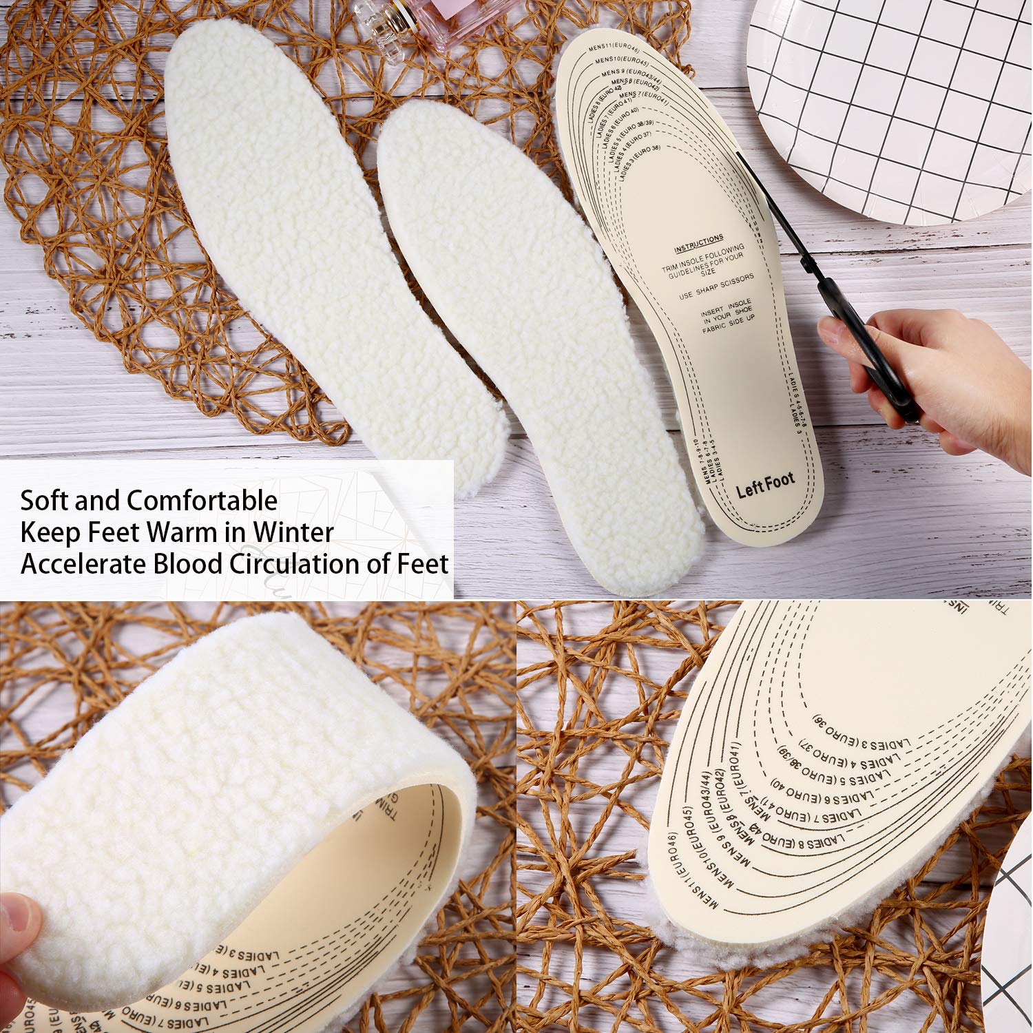 Frienda cut-to-size wool insoles with a dimension chart for precise 36–46 sizing.