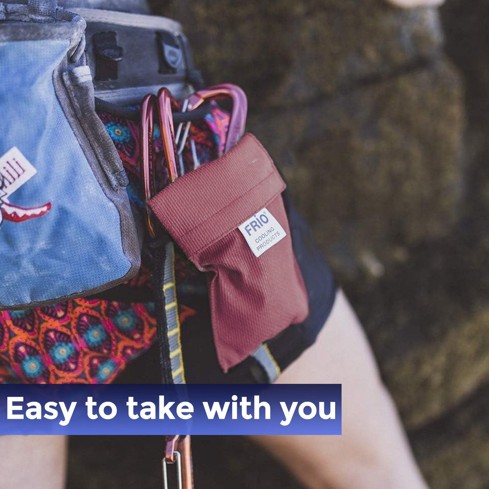 FRIO Mini Insulin Cooling Wallet travel scene emphasizes portability and mess-free cooling.
