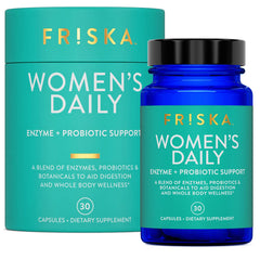 FRISKA Women's Daily digestive enzyme probiotic bottle supports gentle digestion.
