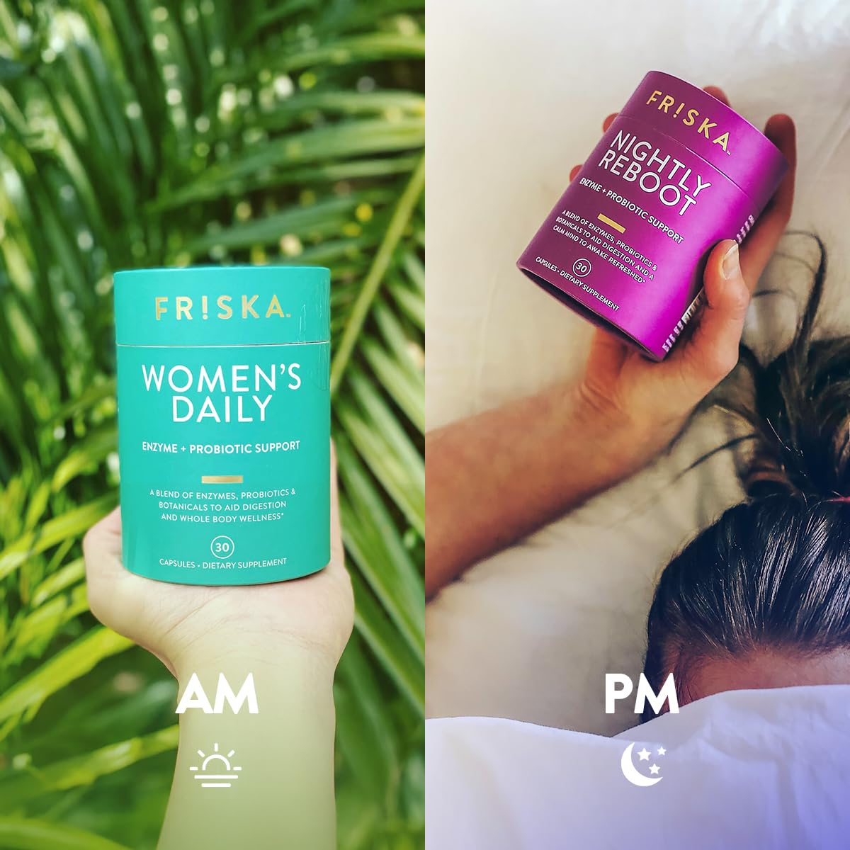 FRISKA Women's Daily ingredients label closeup shows enzymes and probiotics.