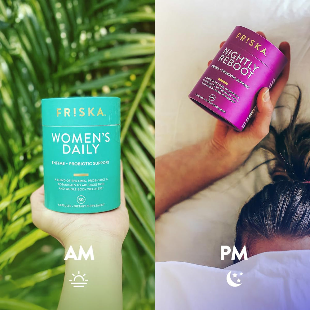FRISKA Women's Daily ingredients label closeup shows enzymes and probiotics.