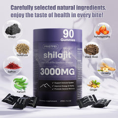 Fristfei Shilajit Gummies label detail highlights minerals and fulvic acid content.