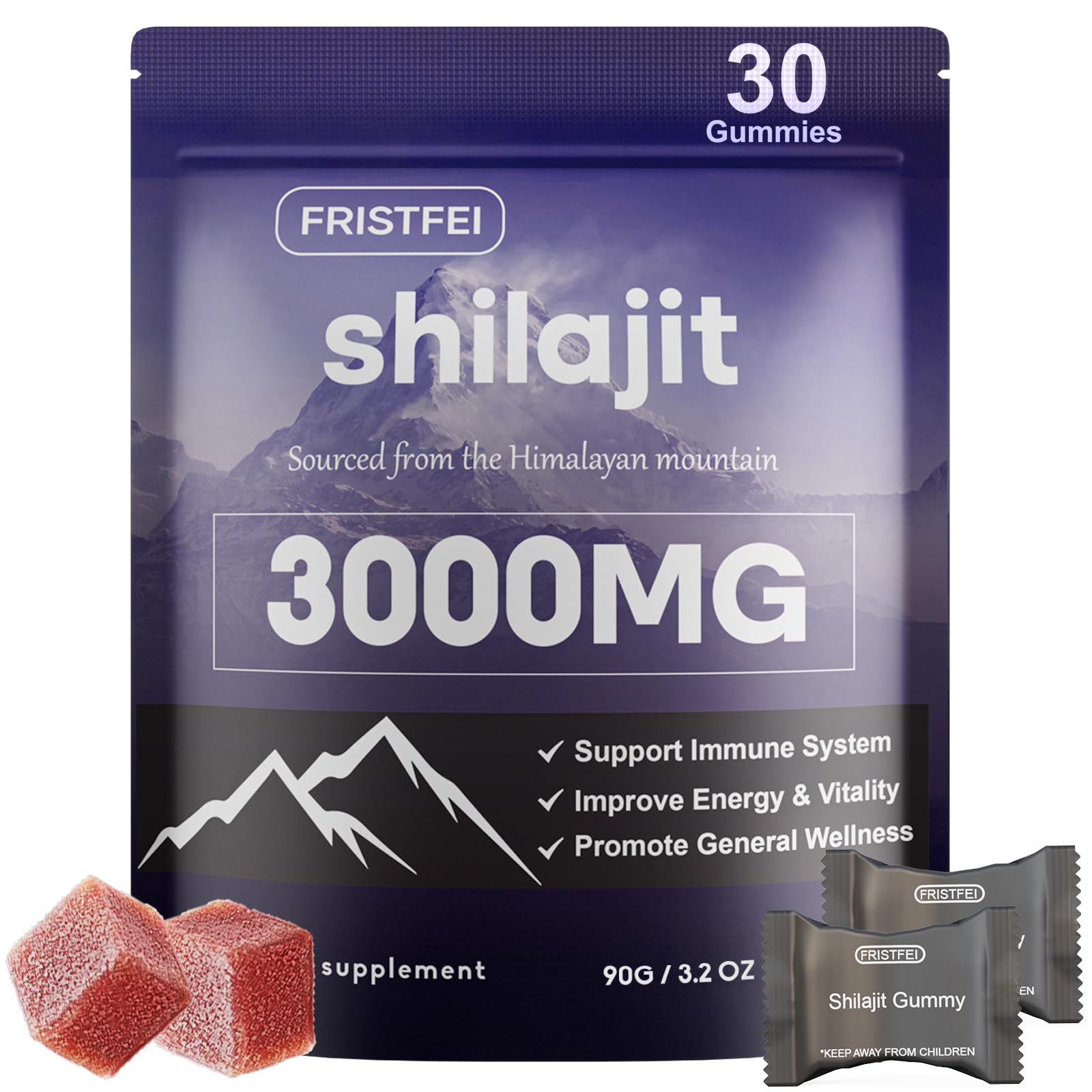 Fristfei Pure Himalayan Shilajit Gummies packaging highlights convenience and premium quality.