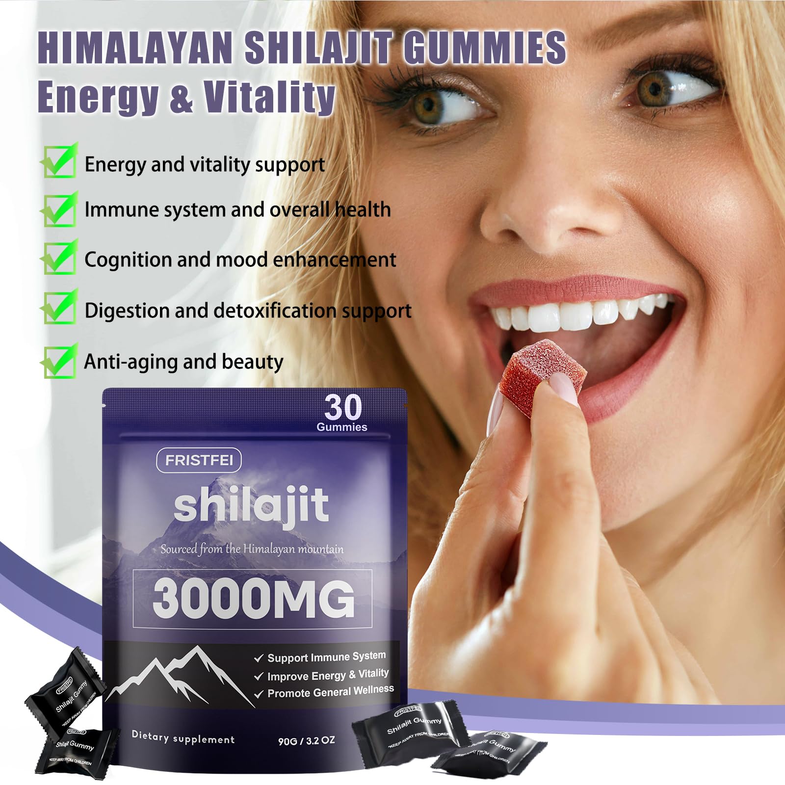 Fristfei Shilajit Gummies fulvic acid visual emphasizes natural sourcing.