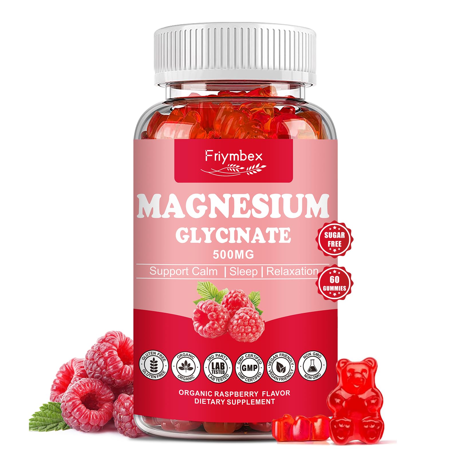 Friymbex Magnesium Glycinate Gummies bottle with raspberry flavor for daily relaxation.