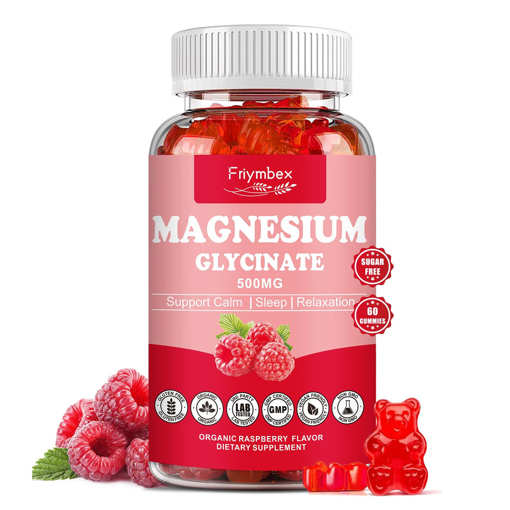Friymbex Magnesium Glycinate Gummies bottle with raspberry flavor for daily relaxation.
