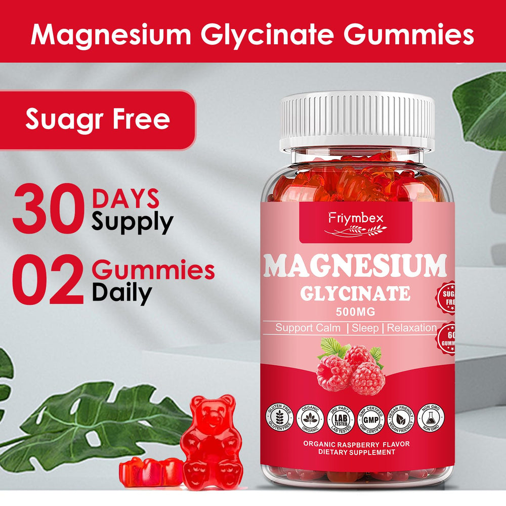 Friymbex magnesium gummies packaging emphasizes gluten-free and vegan-friendly wellness.