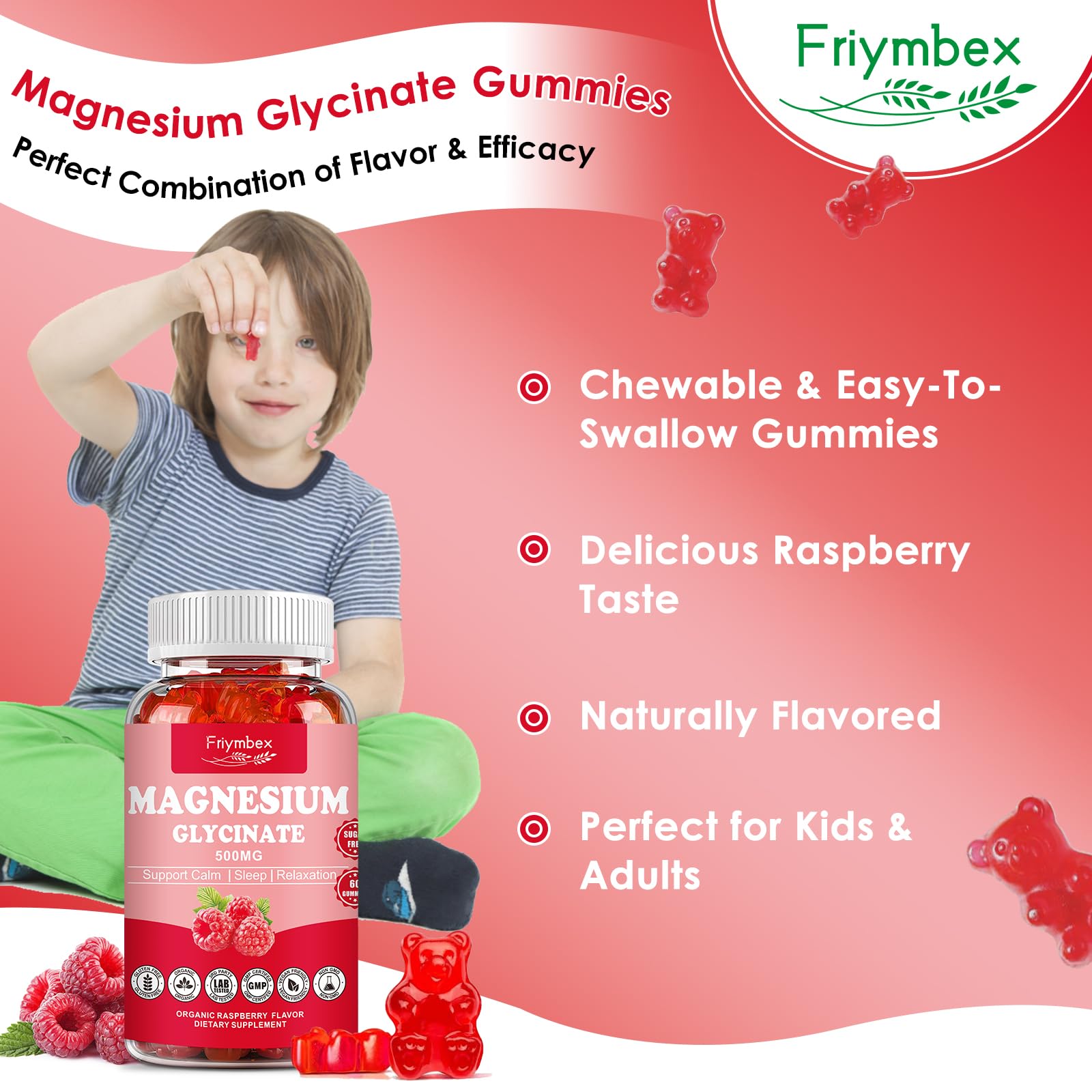 Friymbex raspberry gummies on a white background suggest daily calm support.
