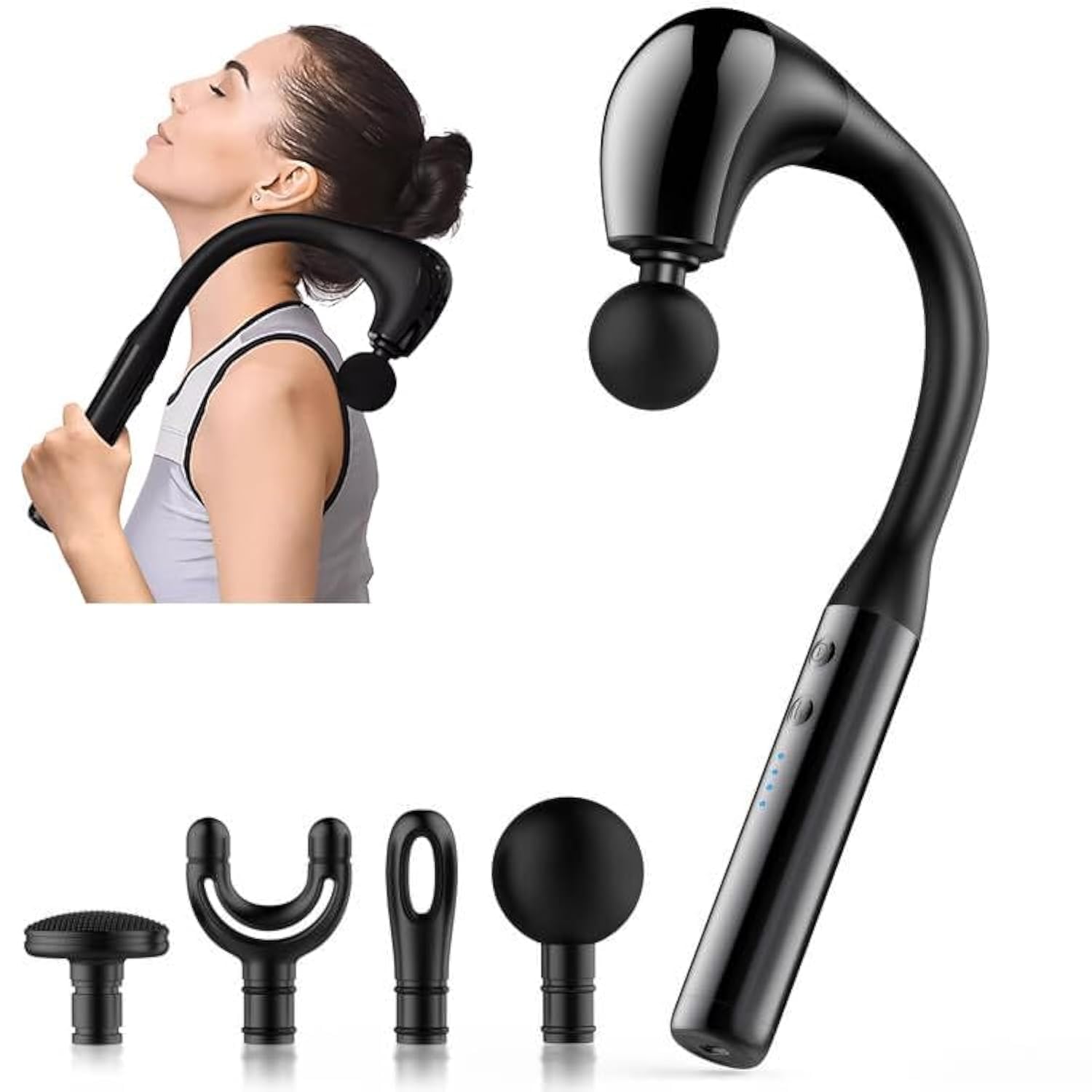 Fronnor massage gun with extended handle reaching the back for easy self-massage