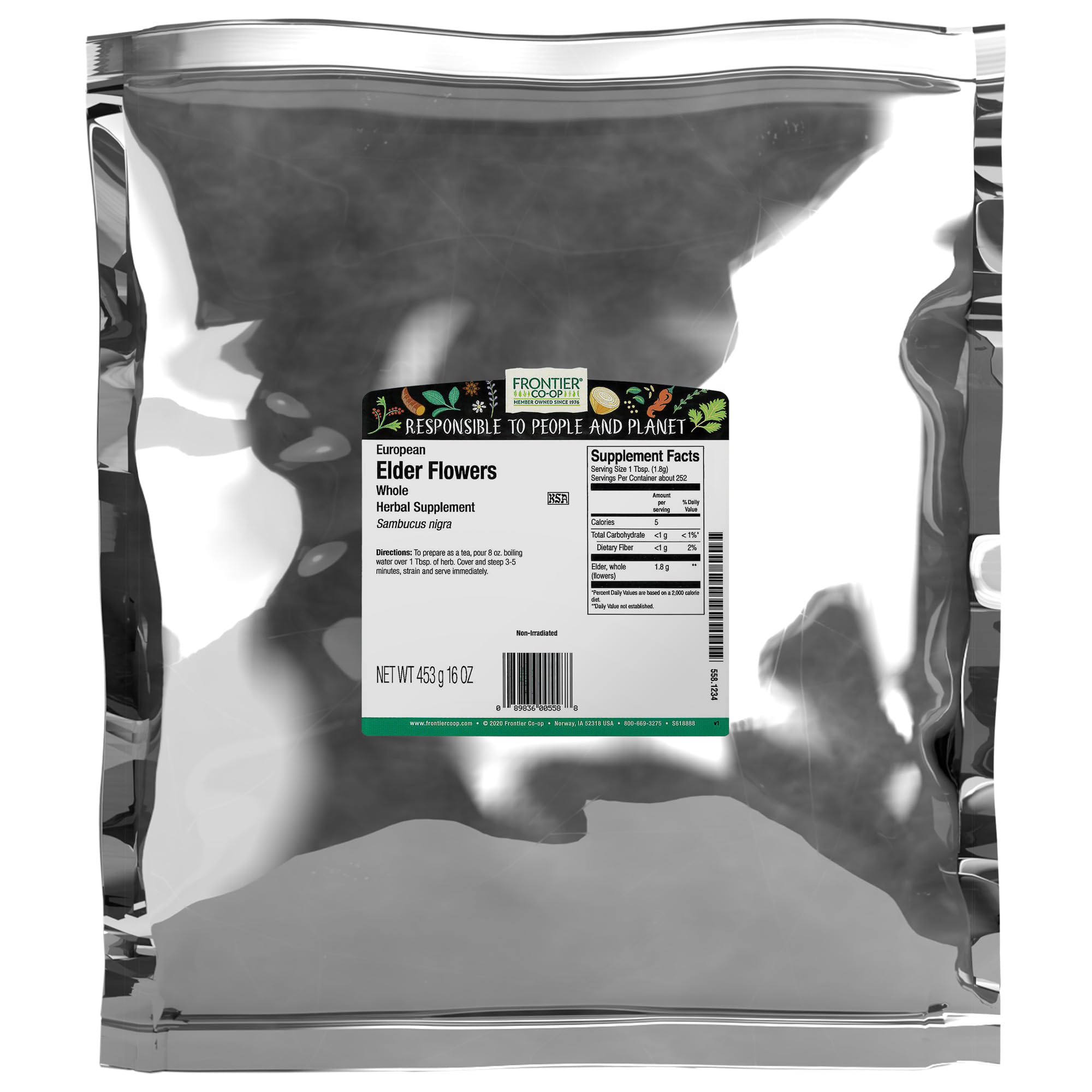Frontier Co-op dried elderflowers bulk bag, ideal for tea and floral culinary infusions