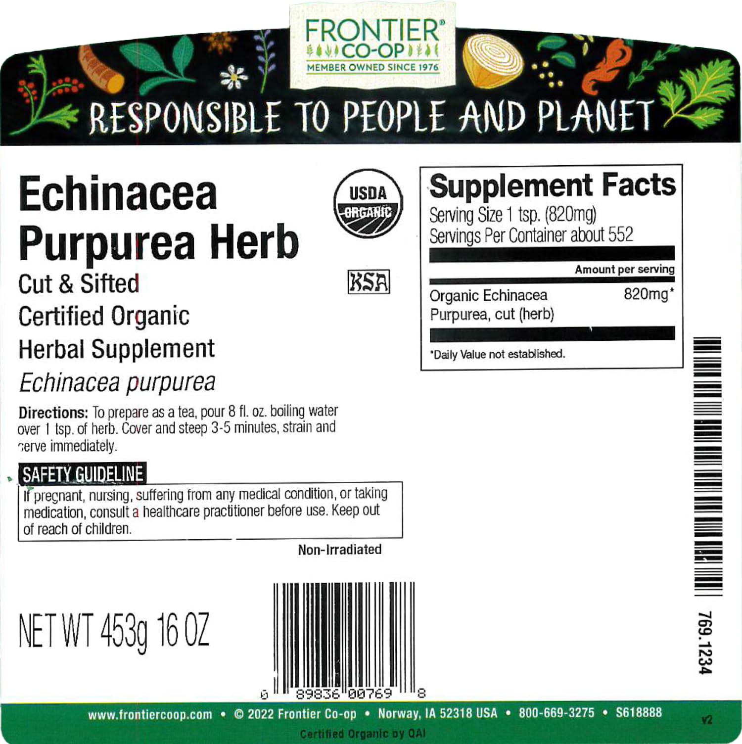 Frontier Co-op Echinacea Purpurea Root in bulk bag, convenient for DIY tinctures and infusions.