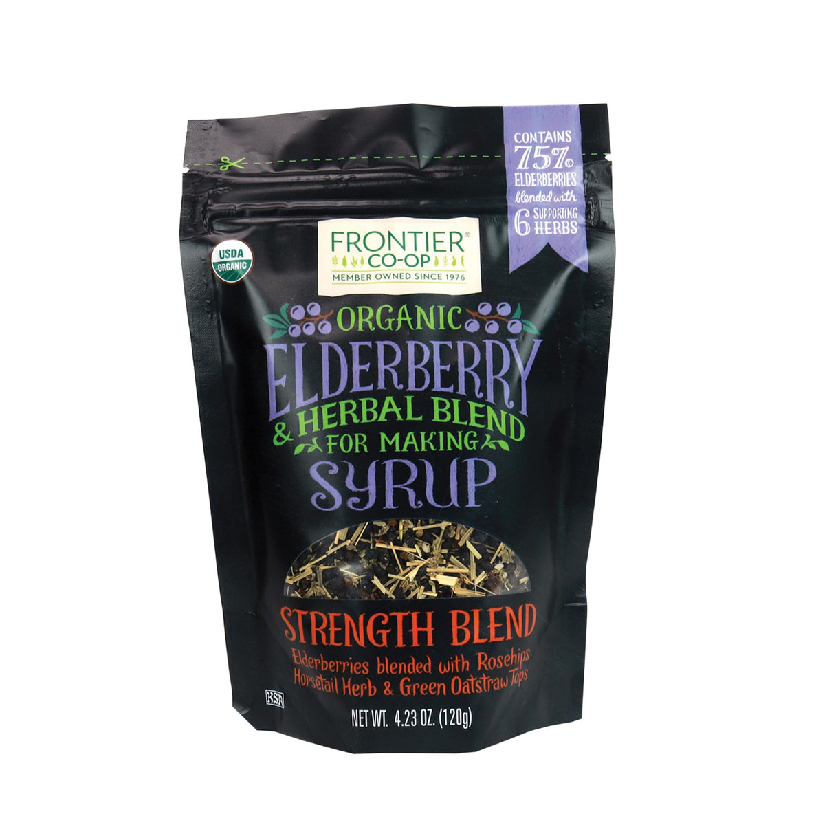 Frontier Co-op elderberry dried bag offers premium organic berries for syrup and blends.