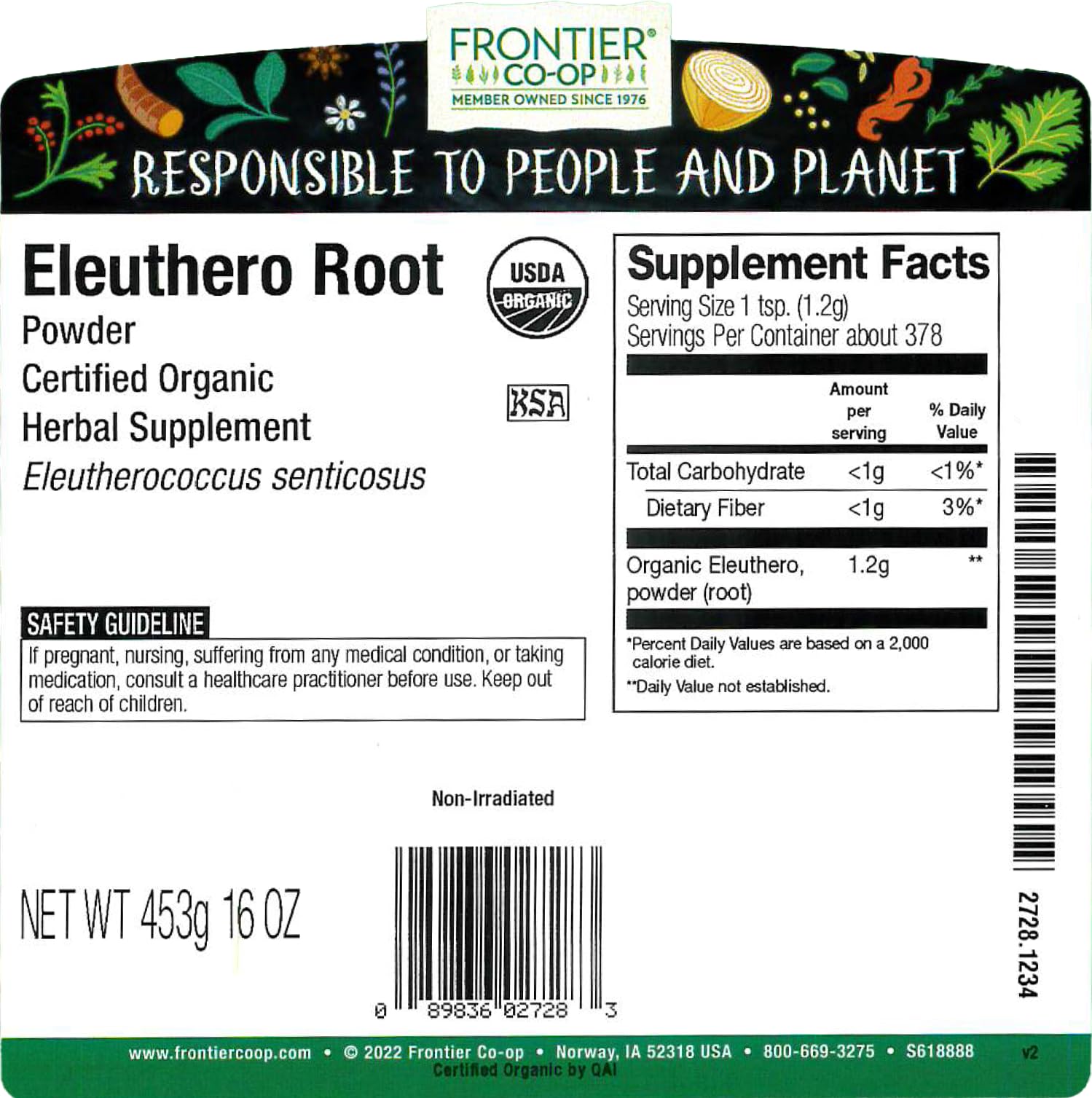 Frontier Co-op eleuthero root powder jar with scoop, showing organic, kosher quality
