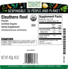 Frontier Co-op eleuthero root powder jar with scoop, showing organic, kosher quality