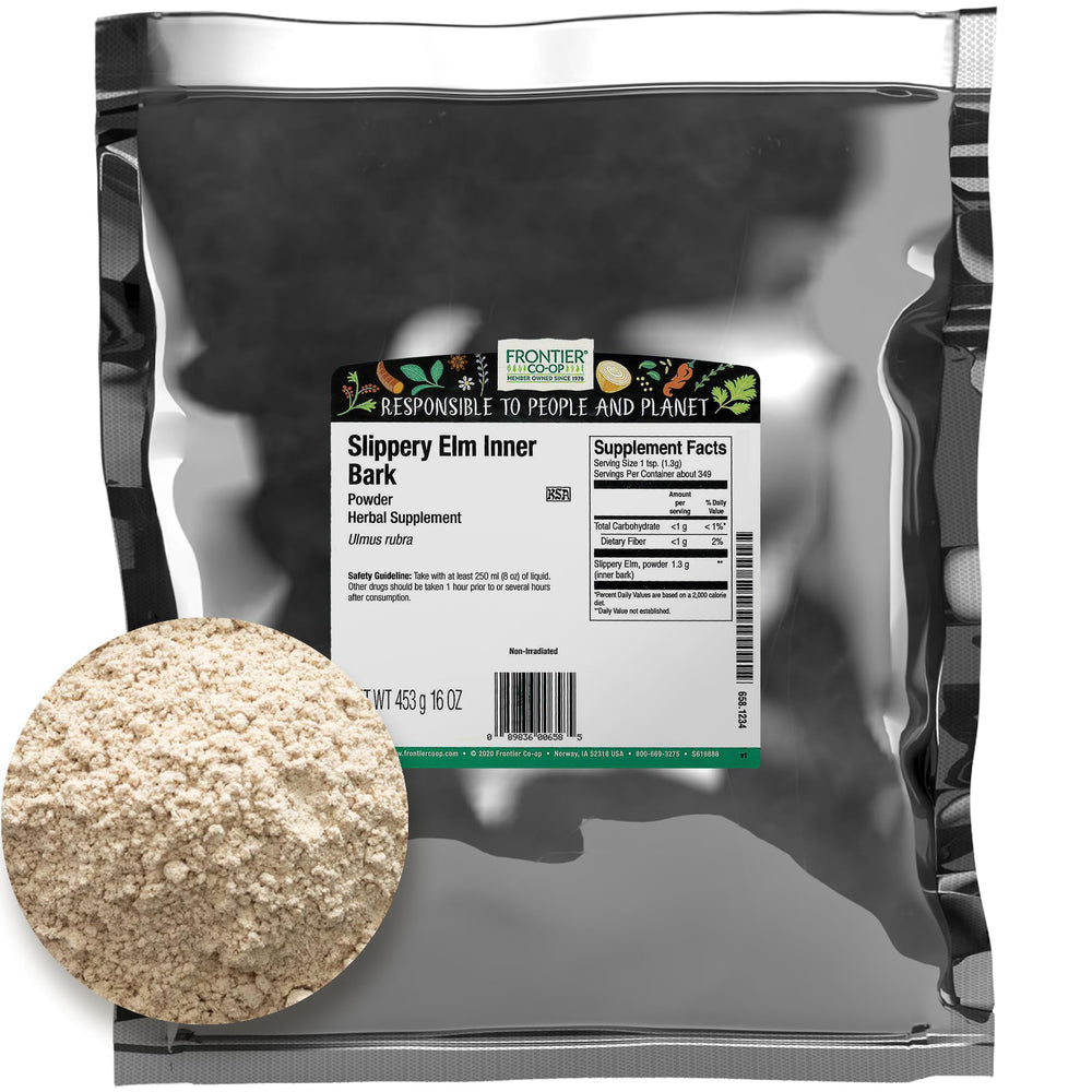 Frontier Co-op Ground Slippery Elm Inner Bark powder for tea infusions and thickening.